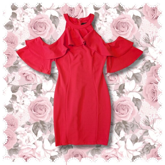 Symphony, Halter Open Shoulder Ruffle Sleeve Red Cocktail/Bodycon Dress, Sz S - Picture 1 of 4